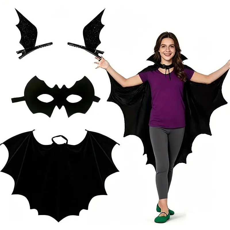 Halloween Bat Costume Set, Bat Wings Cape, Eye Mask and Hair Clip, Vampire Bat Wings Cape, Bat Mask, Halloween Role Play