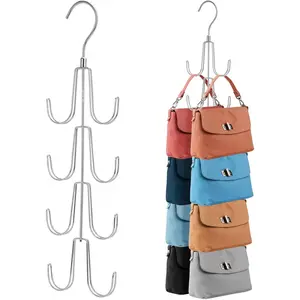 2 Pack Purse Organizer for Closet, Rotatable Purse Hanger Bag Holder, Max 16 Capacity Backpack Rack, Saving Hanger, Silver