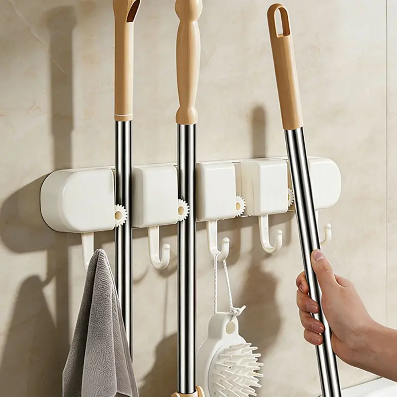 No-Drill Wall-Mounted Mop Holder, 5 Hooks & 4 Wheel Slots, Multi-Purpose Storage Rack for Mops, Brooms, Bathroom Door Back Organizer