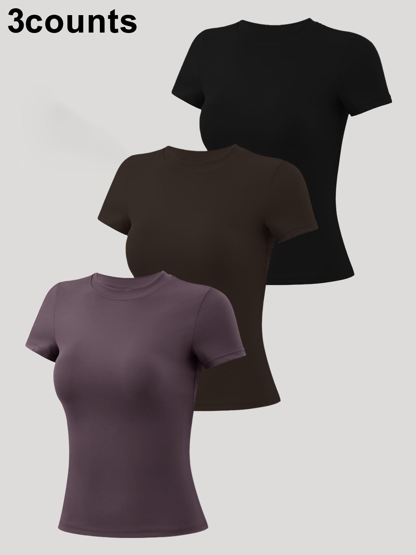 5 Women's Patchwork High Elastic Soft & Comfortable Round Neck Flat Shoulder Short Sleeve Yoga Clothes, Athletic Activewear, Four Seasons Outdoor Running, Cycling, Mountain Walking, Home T-shirt Gym Training