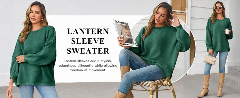 Saodimallsu Womens Oversized Sweater Chunky Crew Neck Long Lantern Sleeve Knit Fall Trendy Tunic Sweaters Top Beige Knitwear