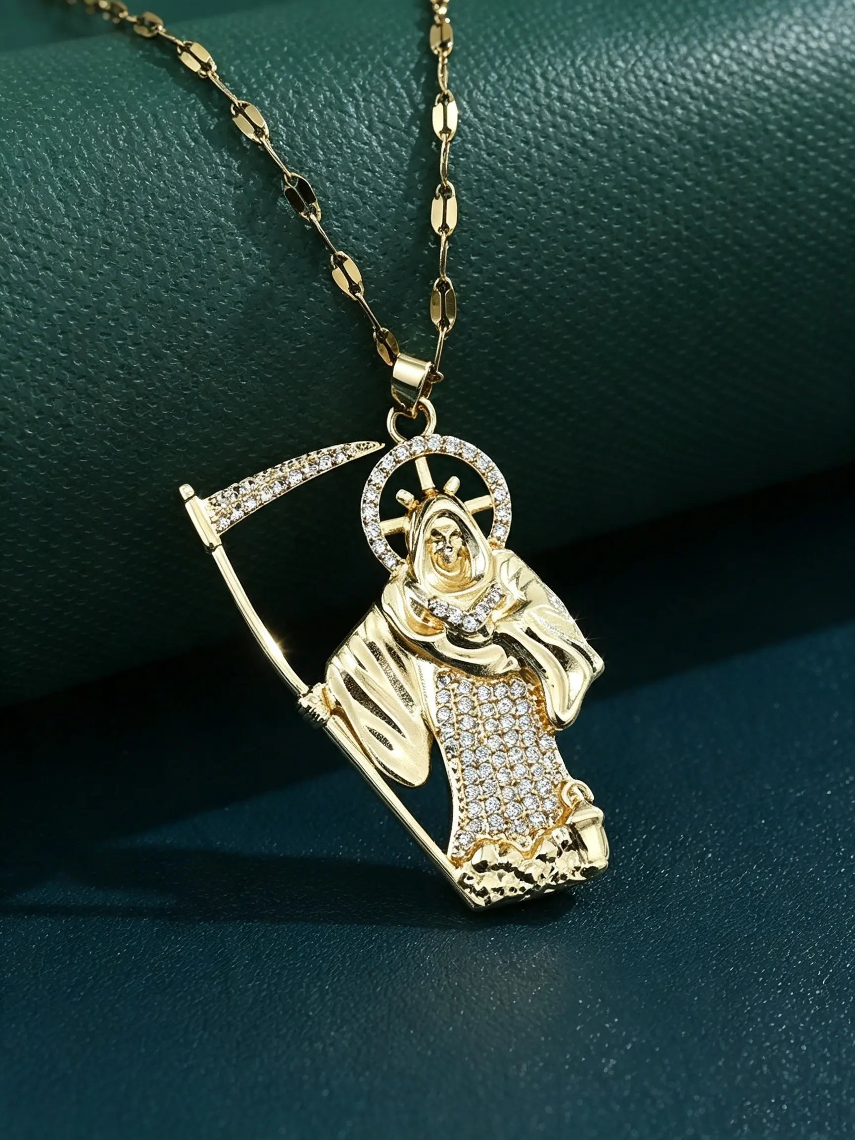 Vintage New Copper Zircon Scythe Death Skull Pendant Necklace, Religious Personality God Statue Collar Chain, Unisex Jewelry