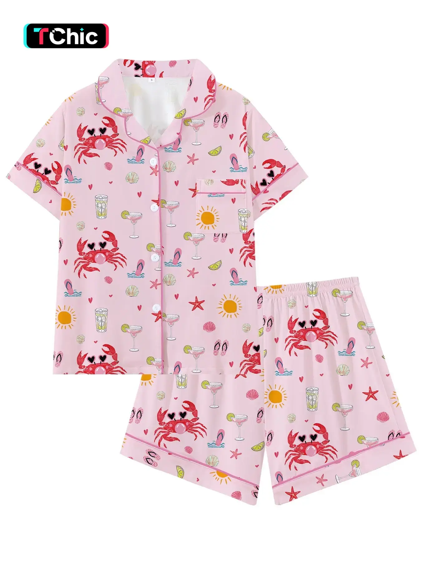 Preppy Coconut Girl Aesthetic Pink Crab Collared Pajama Set | Quirky Heart Sunglasses Print Sleepwear | Soft Short Sleeve Button Down 2-Piece Summer Lounge Outfit | Cute Beach Vibe PJs | Fun Sleepover Nightwear Gift for Girls | Pj Sets