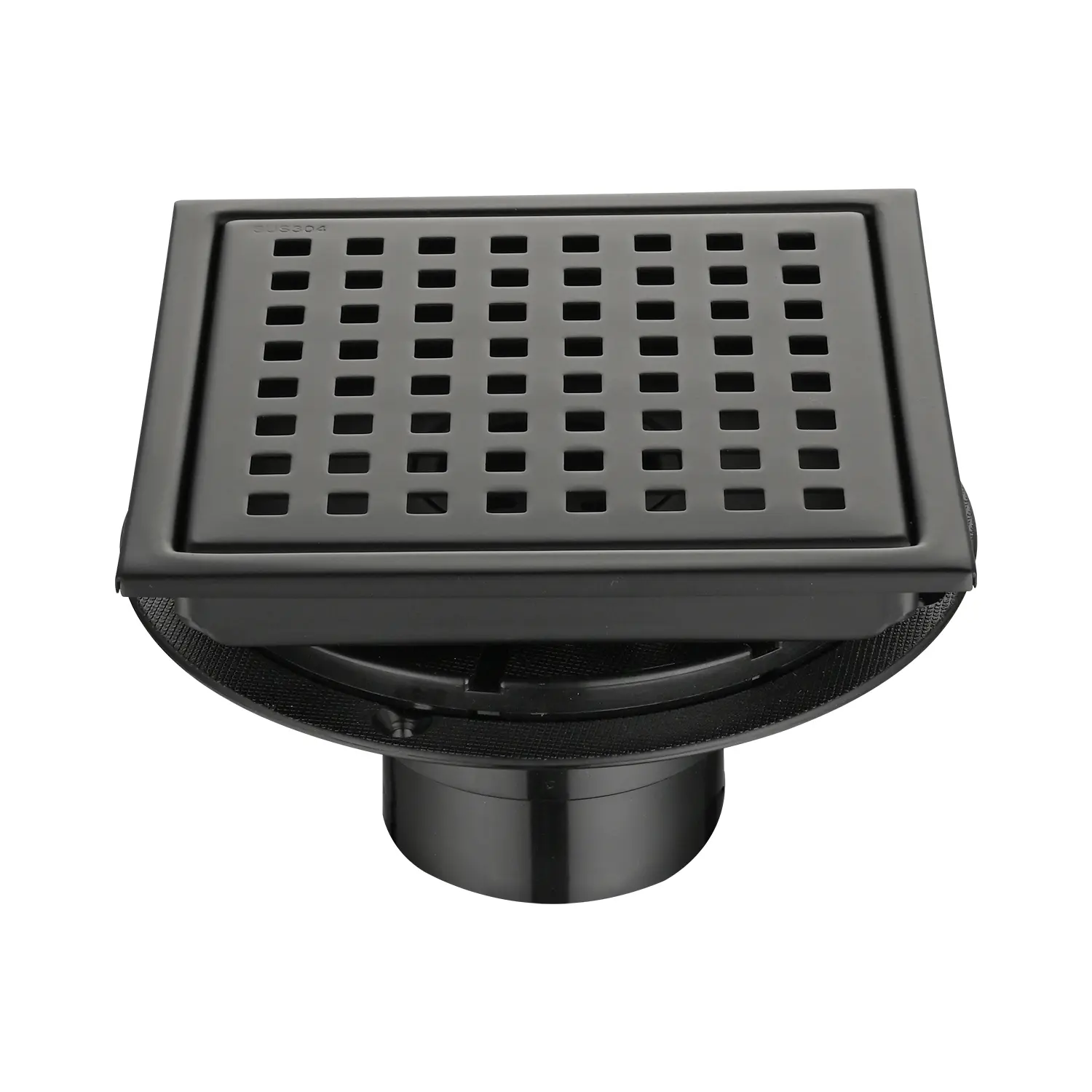 6 Inch Square Shower Drain with Removable Square Patterned Grate, 304 Stainless Steel with Flange and Hair Strainer, Matte Black