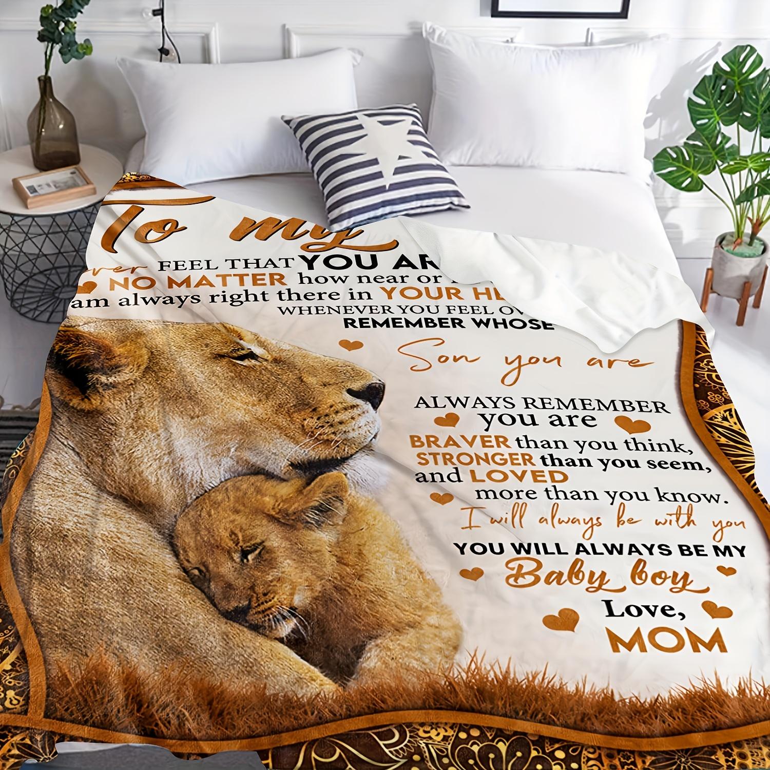 1pc Cozy Flannel Blanket With Lion Design Sentimental Quote For Son From Mom,  All-Season Comfort Suitable As A Warm Cozy Blanket For Home Sofas, Bedding, Office Napping, Travel, And Camping, Perfect As A Gift For Friends And Family