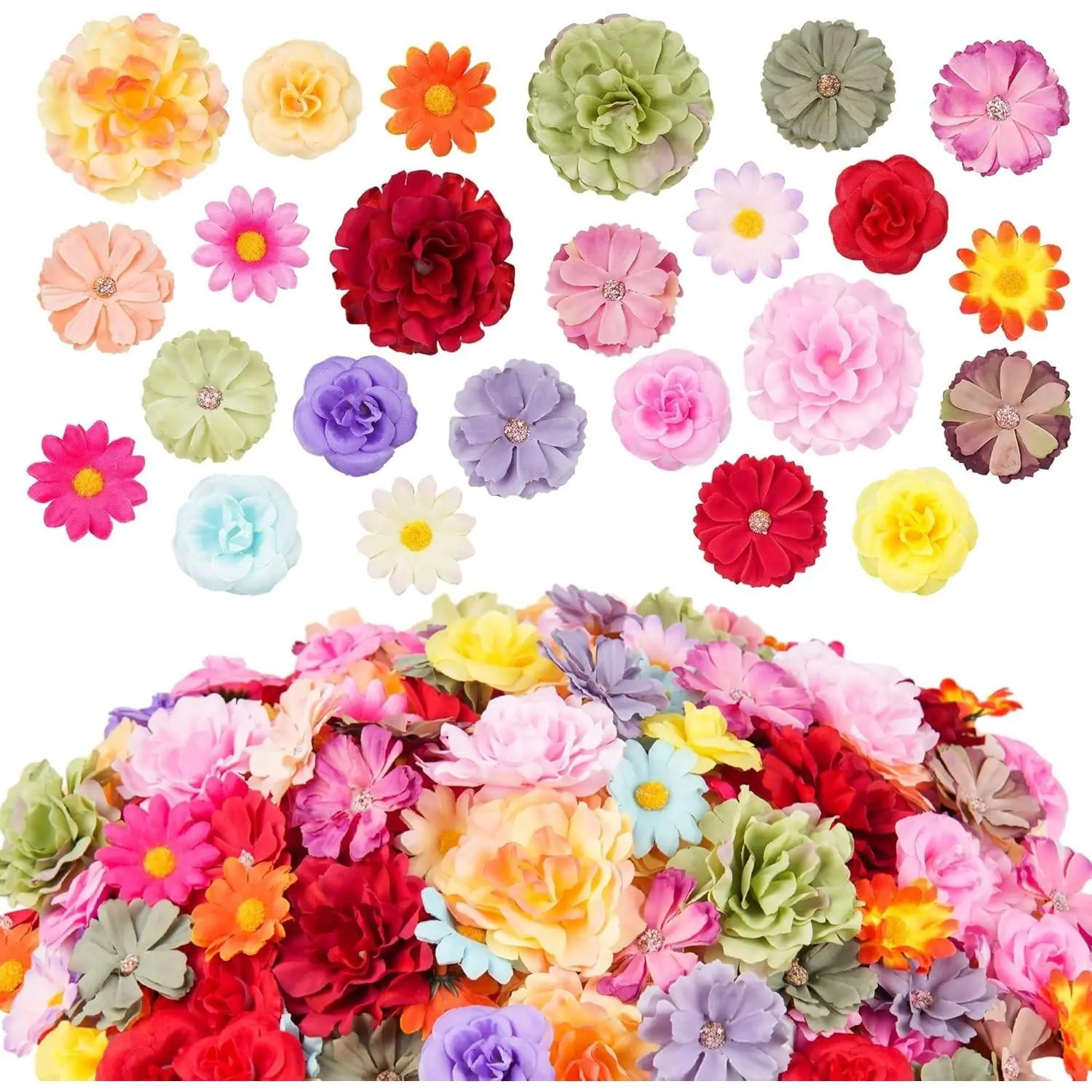 210 Pcs Mini Silk Flower Heads - Small Fake Rose Daisy Sunflower Artificial 3D Loose Fabric Flowers Bulk for Crafts Wedding Hair Cap Dresses Decorations (Bright Colors Mixed)Gift