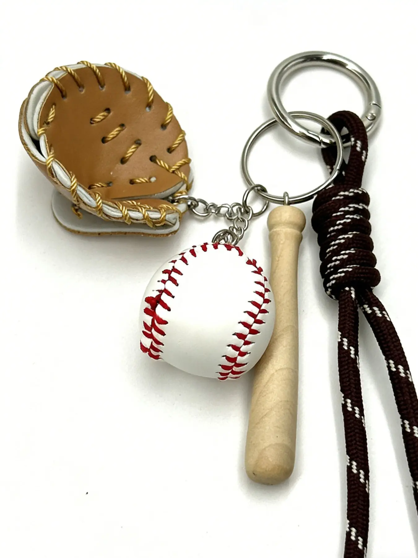 American Vintage Baseball Three-Piece Keychain Set, Mini Baseball Glove Ball Bat Pendant, 25cm Striped Braided Long Strap, Sports Style Backpack Key Charm