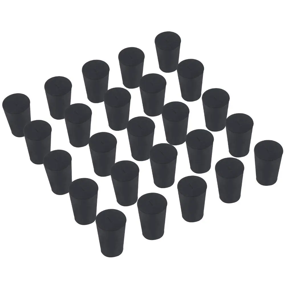 25-Pack (Same Size) Solid Rubber Stoppers - Size #1-19mm (0.74in) x 14mm (0.55in) - 26mm (1.02in) Long - Black Lab Plug