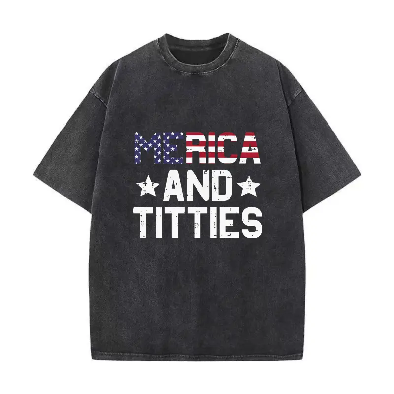 Merica And Titties USA Flag Distressed Letter Vintage Washed T-Shirt 100% Cotton Funny Patriotic Men Short Sleeve Tee,Washed Cotton Tee,funny graphic tee,summer graphic tees