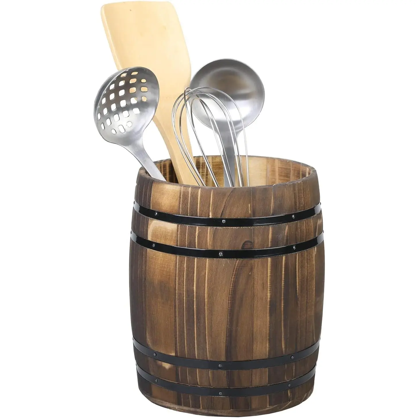 Rustic Burnt Barrel Design Kitchen Utensil Crock - Space Saver Countertop Organizer for Spatulas, Spoons, Whisks