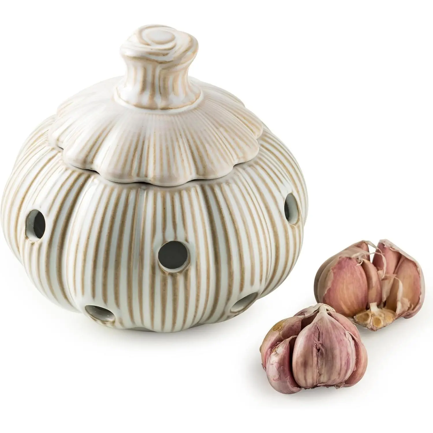 Large White Ceramic Garlic Keeper with Lid - Countertop Garlic Storage ContainerGift
