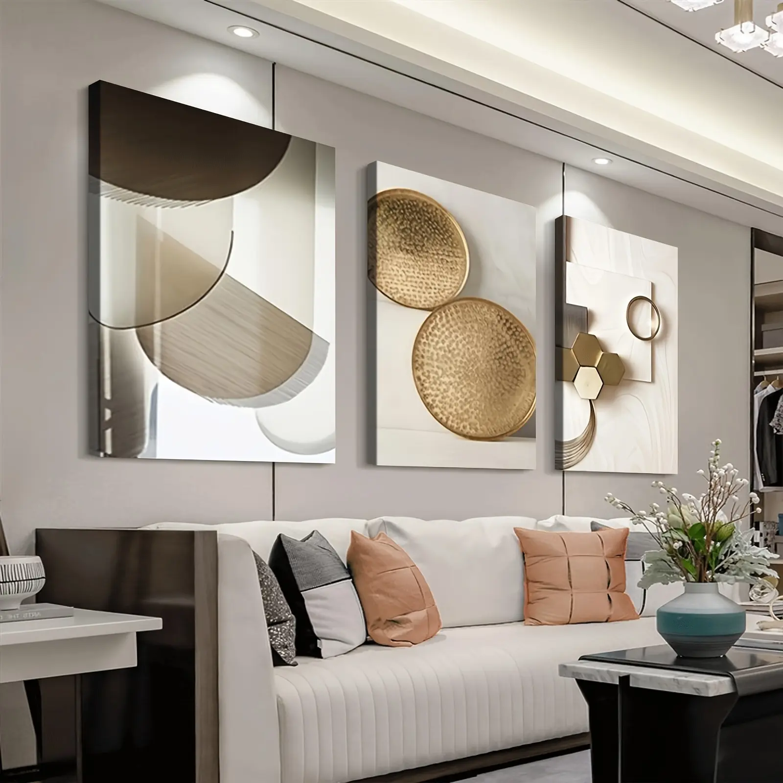 2D Geometric Abstract Art Gold-Beige Framed Canvas Wall Artwork Set - Artistic Wood Framed Hanging Home Decor, Housewarming Gift, Box Packed