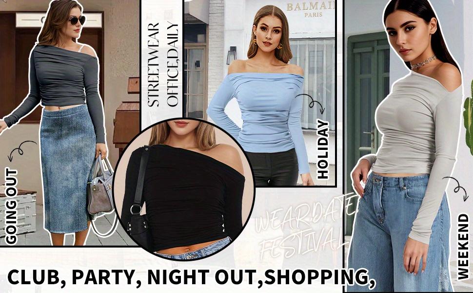 Women's off-the-shoulder top, long-sleeved short casual one-shoulder shirt for going out, one-shoulder Y2K tight shirt Women's off-the-shoulder top, long-sleeved short casual one-shoulder shirt for going out, one-shoulder Y2K tight shirt