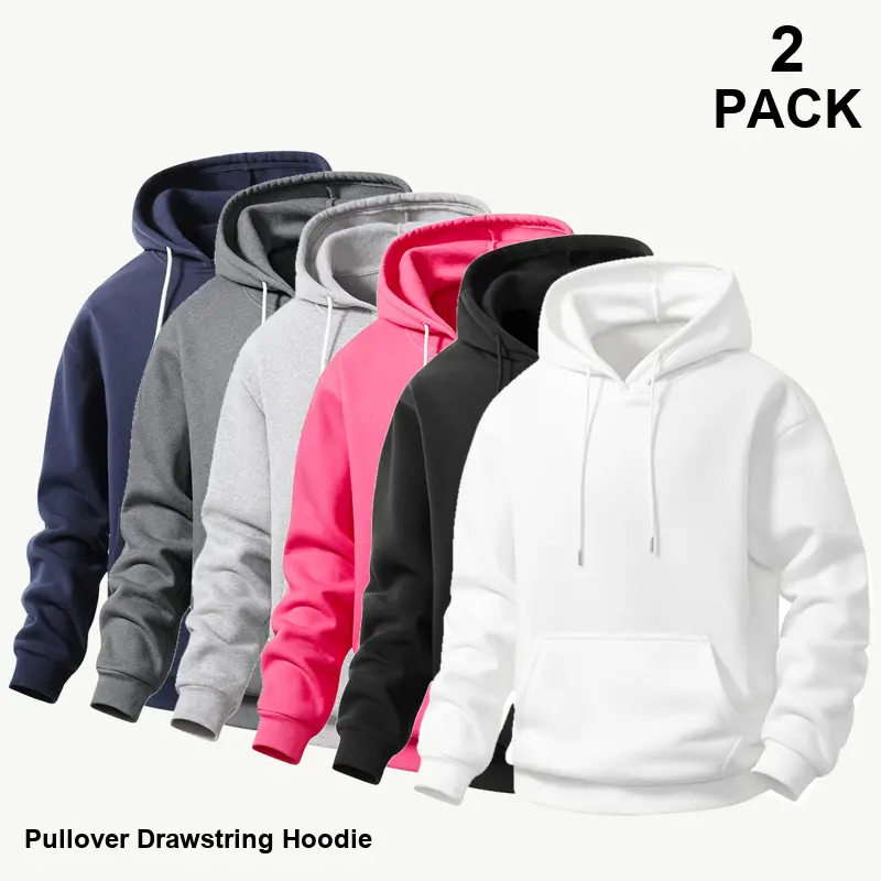 2-Pack Same Solid Color Men's Pullover Hoodies Set, Relaxed Fit Long Sleeve Drawstring Hooded Sweatshirts with Kangaroo Pockets, Sizes S-XXL, Everyday Layering, Assortment 54