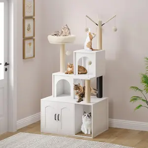 2-in-1 Wooden Cat Condo with Scratching Posts, Cat Tree with Litter Box Enclosure, Modern Cat Tower, Storage, Cave, Pompoms, Washable Removable Cushion, White summerwins