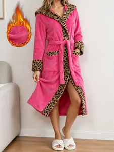 Women's Vintage Leopard Print Sleep Robe, Hooded Double Pocket Design, Thick Flannel Tie Bathrobe, Casual Long Home Robe, Three Colors Available