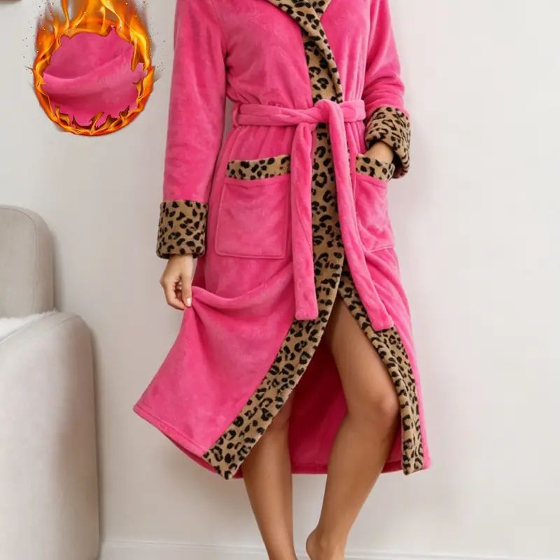 Women's Fall Winter Vintage Leopard Print Robe, Hooded Double Pocket Thick Flannel Tie Bathrobe, Casual Long Home Robe, Five Colors Available, Loungewear