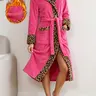 Women's Fall Winter Vintage Leopard Print Robe, Hooded Double Pocket Thick Flannel Tie Bathrobe, Casual Long Home Robe, Five Colors Available, Loungewear