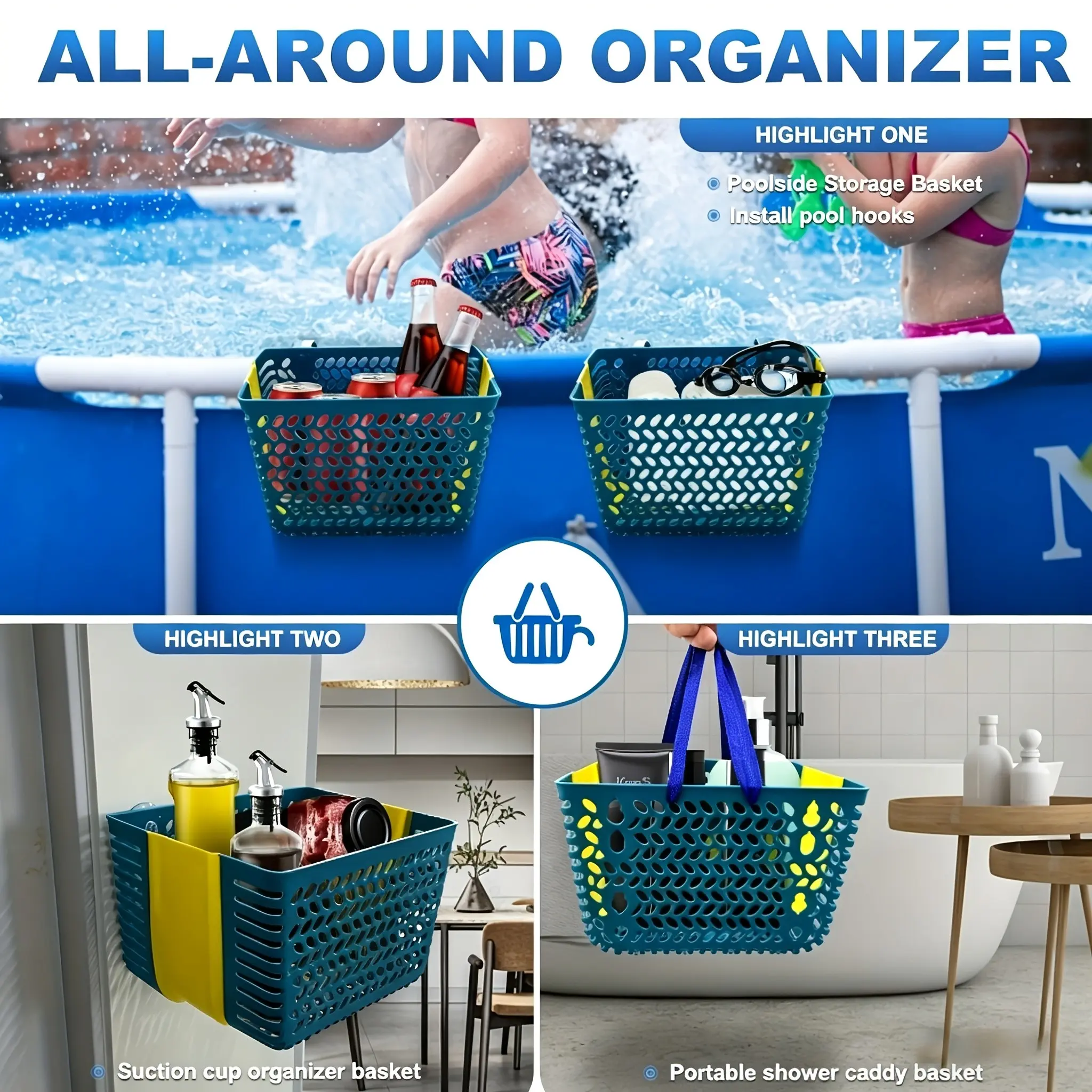 Poolside Storage Basket, Thickened Above Ground Pool Basket, Multifunctional Suction Cup Organizer, All-Around Shelf Baskets