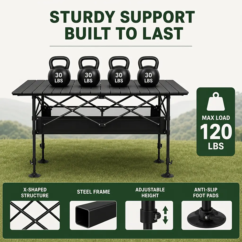 Portable Foldable Table with Adjustable Height And Mesh Storage, Roll Up Outdoor Camping Table with Carry Bag for Picnic, Beach, BBQ And Outdoor Gatherings