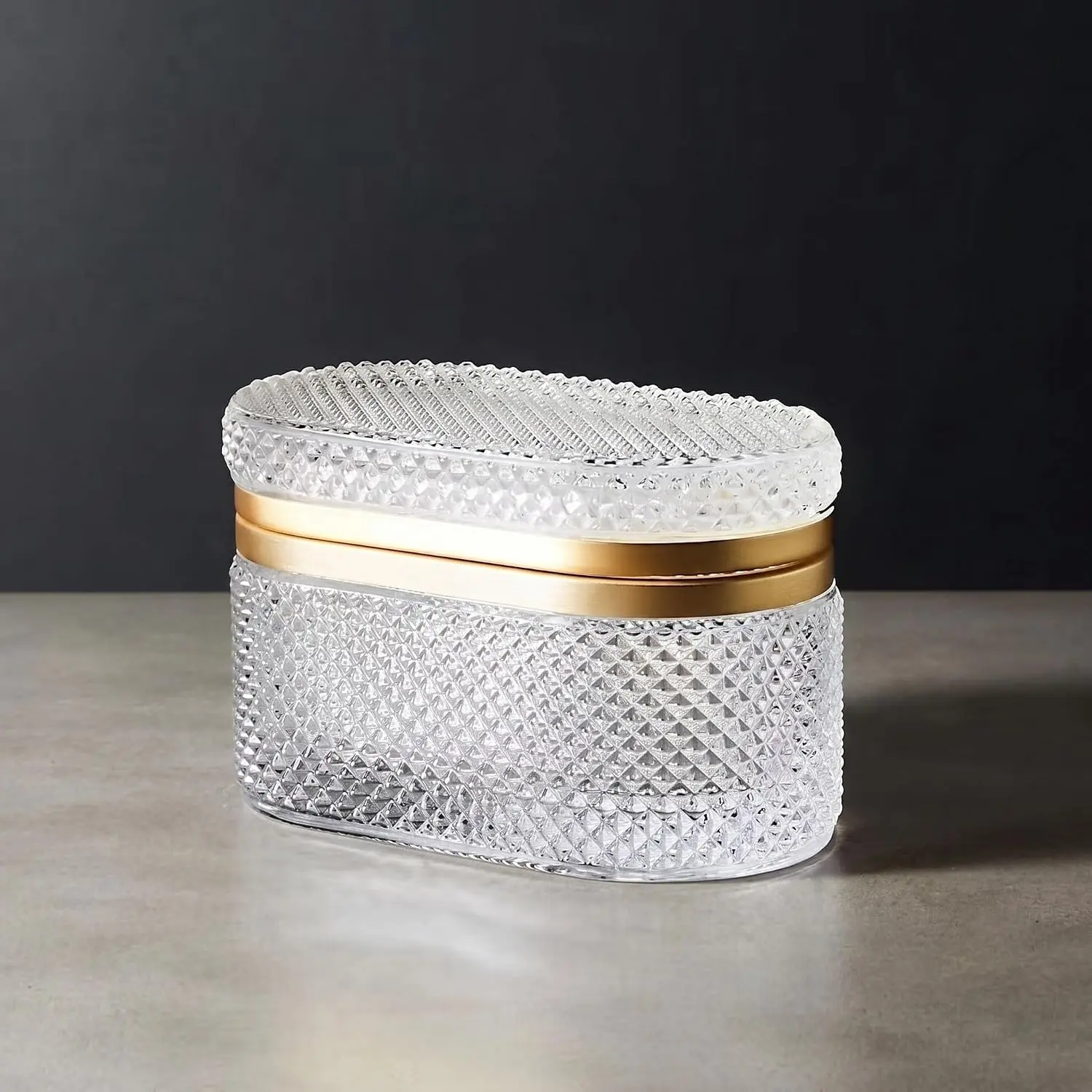 Women's Mid-Century Oval Embossed Glass Trinket Box with Hinged Lid, Jewelry Storage Organizer for Rings & Earrings, Countertop-Nightstand Decor, Anniversary Gift, Smooth, Metal