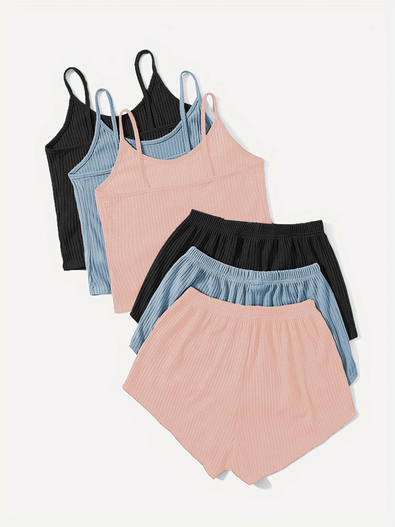 Six-Piece Set Women's Plain Basic Fitted Ribbed Shorts Set, Casual Soft Crop Spaghetti Strap Cami Top & Elastic Waist Shorts Set, Summer Clothes, Summer Outfits Set for Outdoor Holiday, Cute Summer Outfit