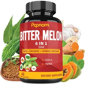 Organic Bitter Melon Extract Capsules - 60 Pills 2 Month - Combined Neem, Fenugreek, Curcumin, Garlic & Papaya