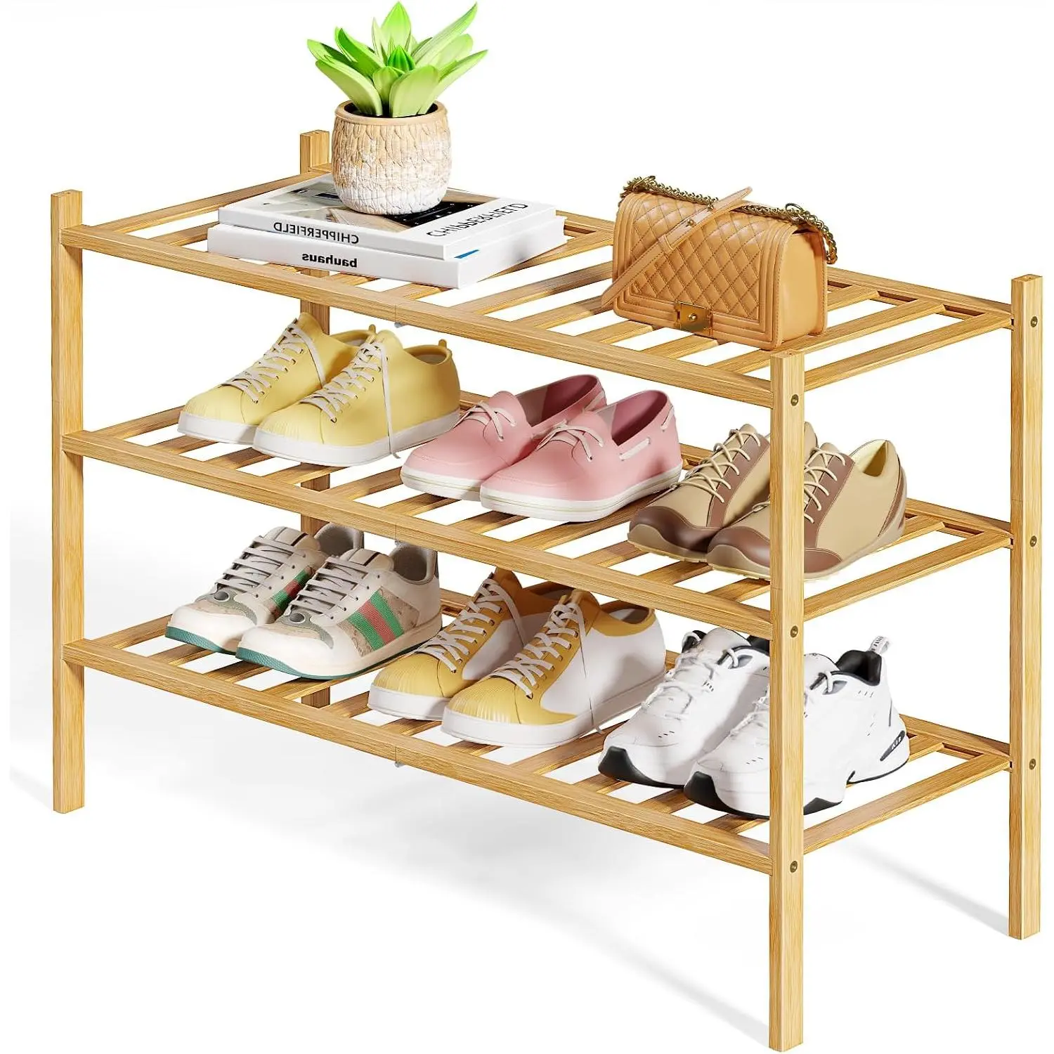 Wooden Shoe Rack for Closet - Stackable Shoe Organizer with Modular Structure, Space-Saving Shoe Shelf for Entryway, Living Room, Bedroom, 26.8" x 11" x 18.9",