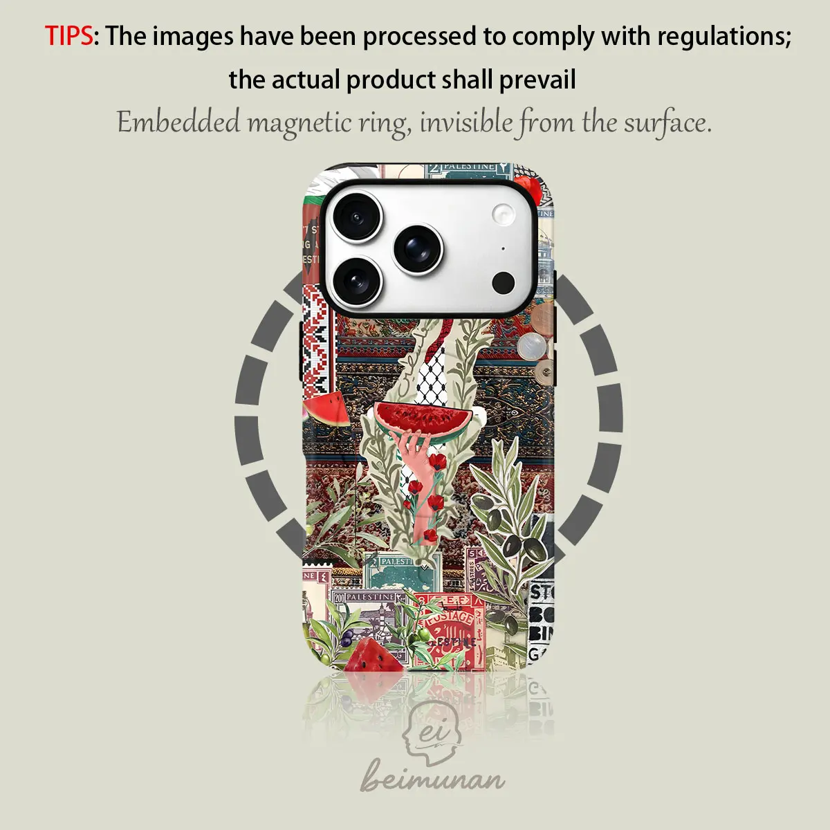Palestinian cultural heritage olive and watermelon pattern phone case, sturdy 2-in-1 protective case, MagSafe compatible, suitable for iPhone 17/16/15/14/13/12/11 Pro Max/Plus/Pro, a simple and stylish phone case and the perfect choice for a holiday gift.