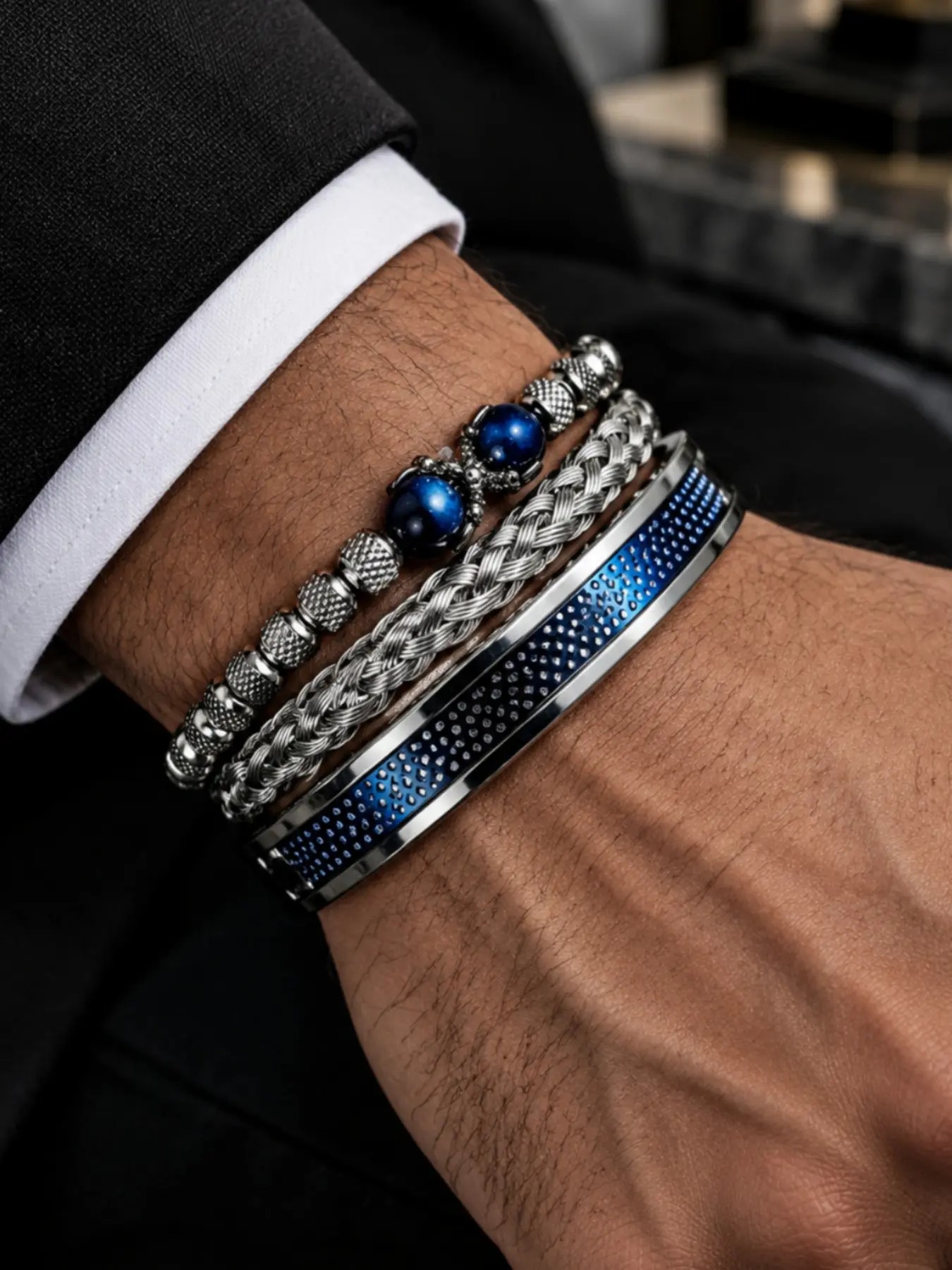 Luxury Stainless Steel Beaded Bracelet Set, 3pcs Natural Tiger Eye Beads, Men's Asymmetric Claw Design, Open Cuff Wristband Gift Set