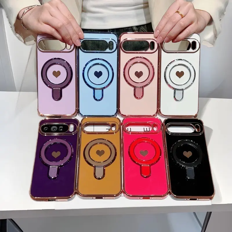 Compatible with Pixel 10 Pro XL, 9, 8, 7 Series, Phone Case with Electroplated Edge, Heart Pattern and Built-in Kickstand HNZ0127