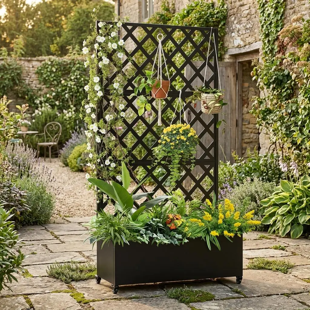 72×47 Inch Galvanized Metal Raised Garden Bed with Diamond Lattice Trellis, Mobile Wheeled Black Planter Box for Climbing Plants and Vines