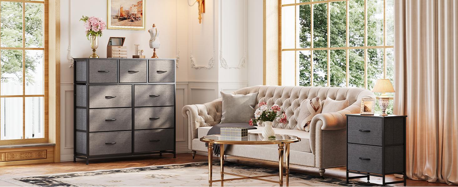 9-Drawer Dresser, Fabric Storage Tower for Bedroom, Hallway, Entryway, Closet, Tall Chest Organizer Unit with Fabric Bins, Steel Frame, Wood Top, Easy Pull Handle, Dark Grey