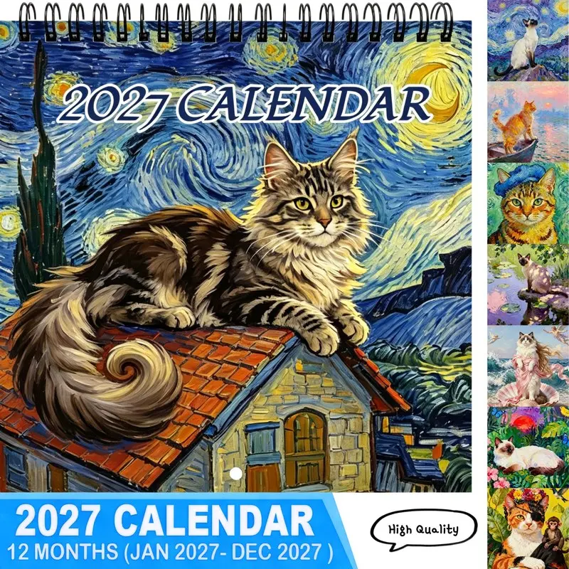 2027 Maine Cat Calendar - Thick Paper Monthly Planner Suitable for Home and Office, with 12 months of dates marked. English dates. Maine Cat's bright colors design under the starry sky. A gift for cat lovers.