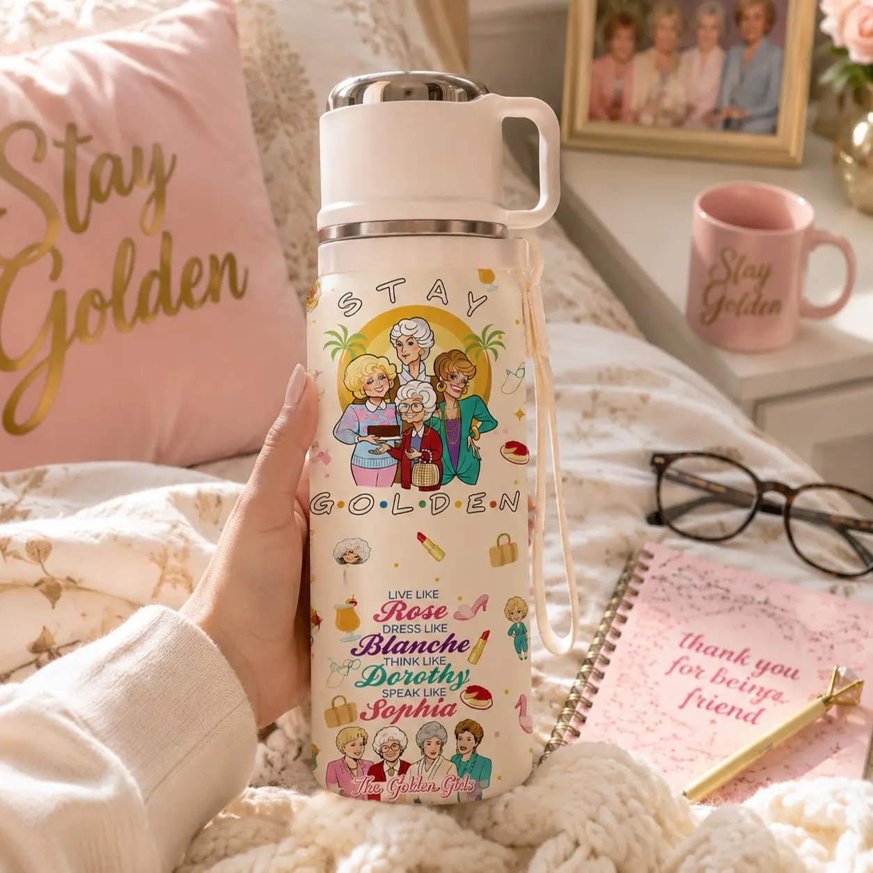 1PC 20oz Golden Girls Inspired Insulated Water Bottle, Stainless Steel Tumbler, Double Wall Vacuum Thermos, Leak Proof Travel Mug, Keeps Drinks Cold & Hot, Perfect for TV Show Fans, Women, Friends, Office, School, Daily Use, Birthday Gift & Holiday Gift