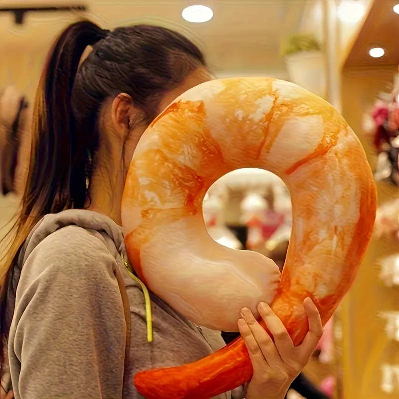 Shrimp Shaped Throw Pillow, Size 15.75in, with Insert, Realistic Food Printed Decorative Cushion, Polyester Fun Shaped Pillow for Sofa Bedroom Living Space Home Decor