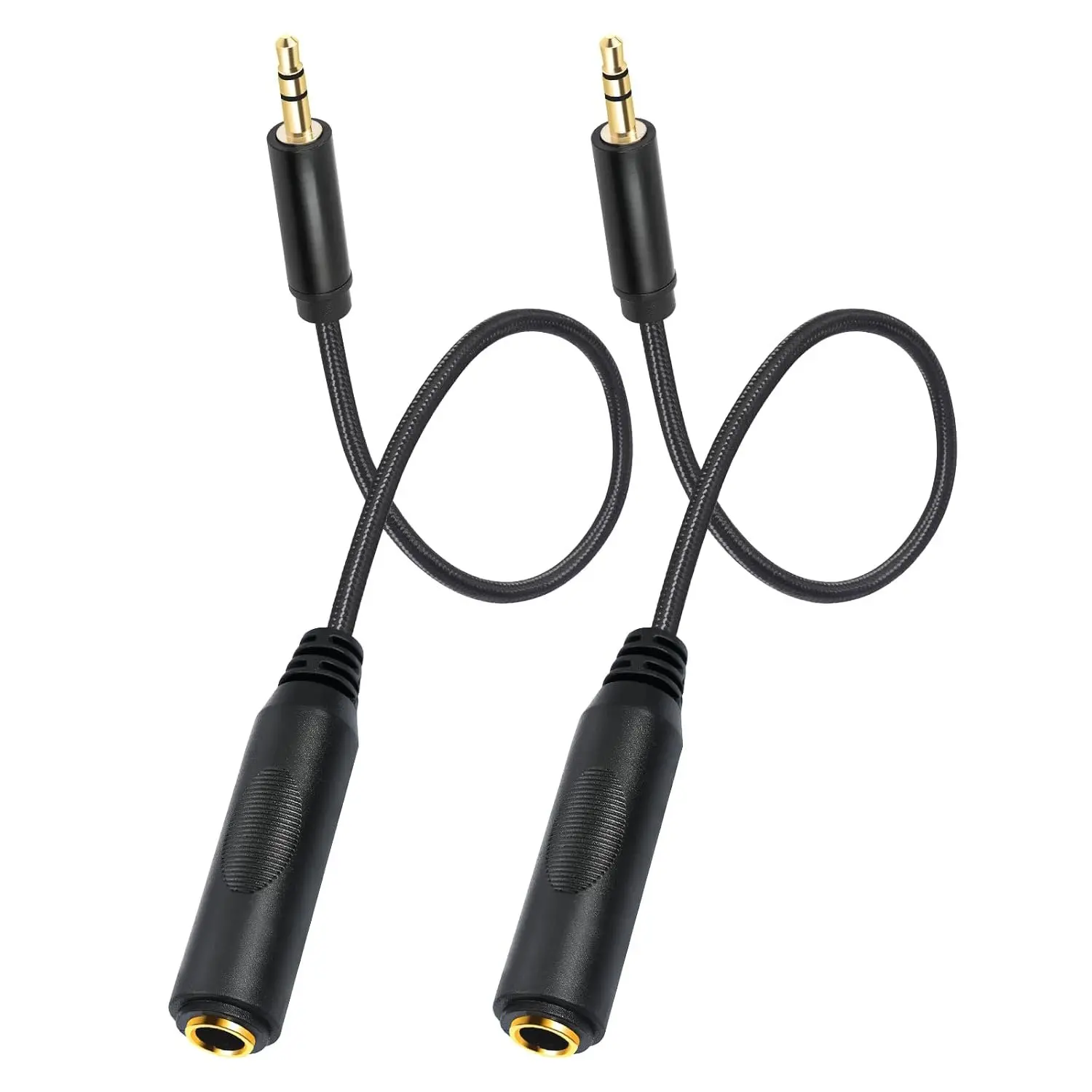 2-Pack Synthetic Rubber Alloy Stereo Jacks Adapter - 1ft/30cm 6.35mm Female to 3.5mm Male, Nylon Braided Durable Audio Accessories for Headphones, Guitar