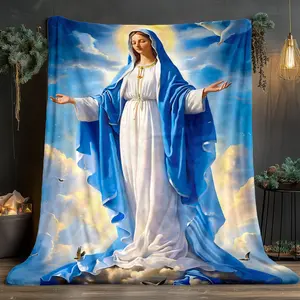 A Blue Blanket With A Religious Theme, Showcasing High-Definition Designs. These Soft And Comfortable Flannel Blankets Are Ideal For Traveling, Camping, Or Using On A Sofa, In The Living Room, Or On A Chair