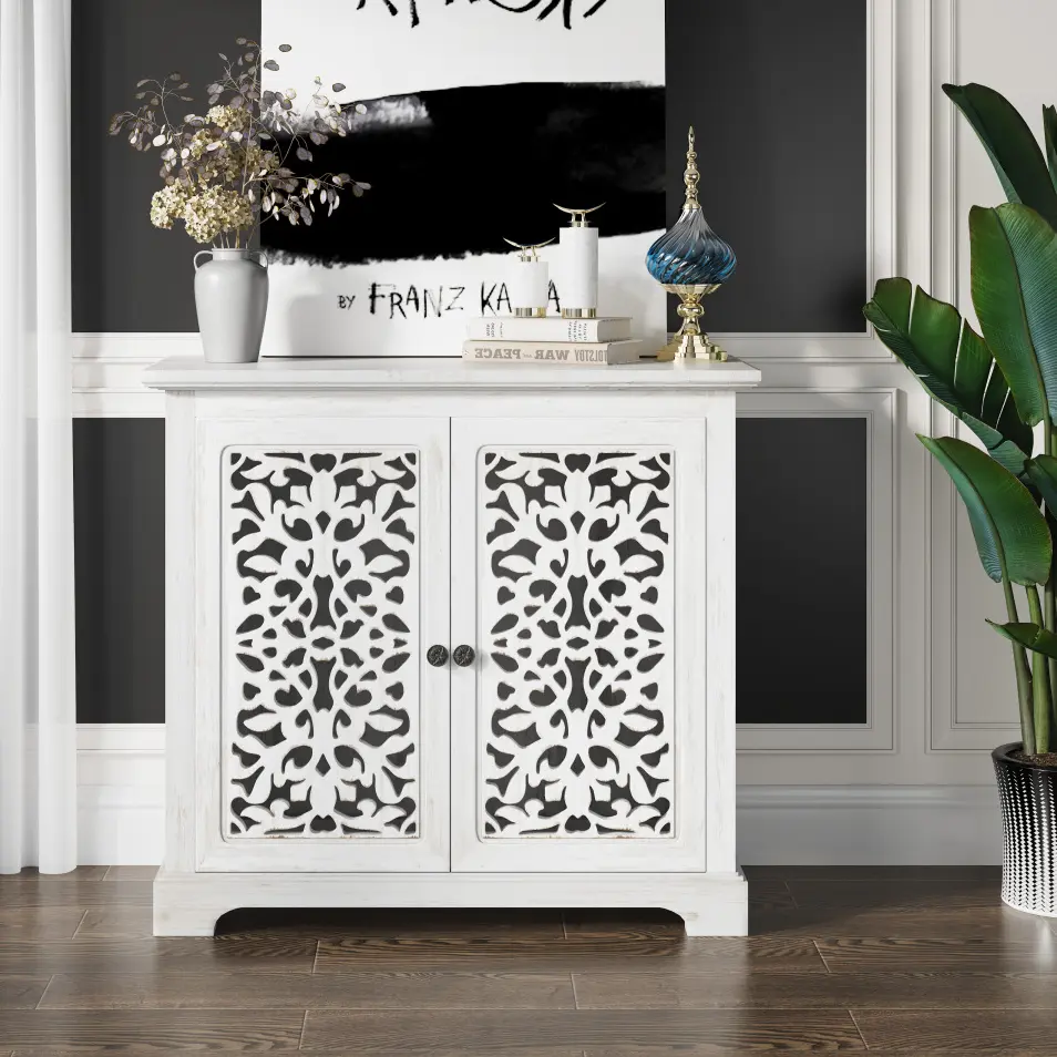 Antique White Rectangular 2-Door Accent Cabinet - 31.49"L x 15.74"W x 29.92"H, Solid Wood Frame with MDF Fir Veneer, Hollow-Carved Shabby Chic Distressed Sideboard, Multipurpose Storage for Entryway Living Room, Distressed Look