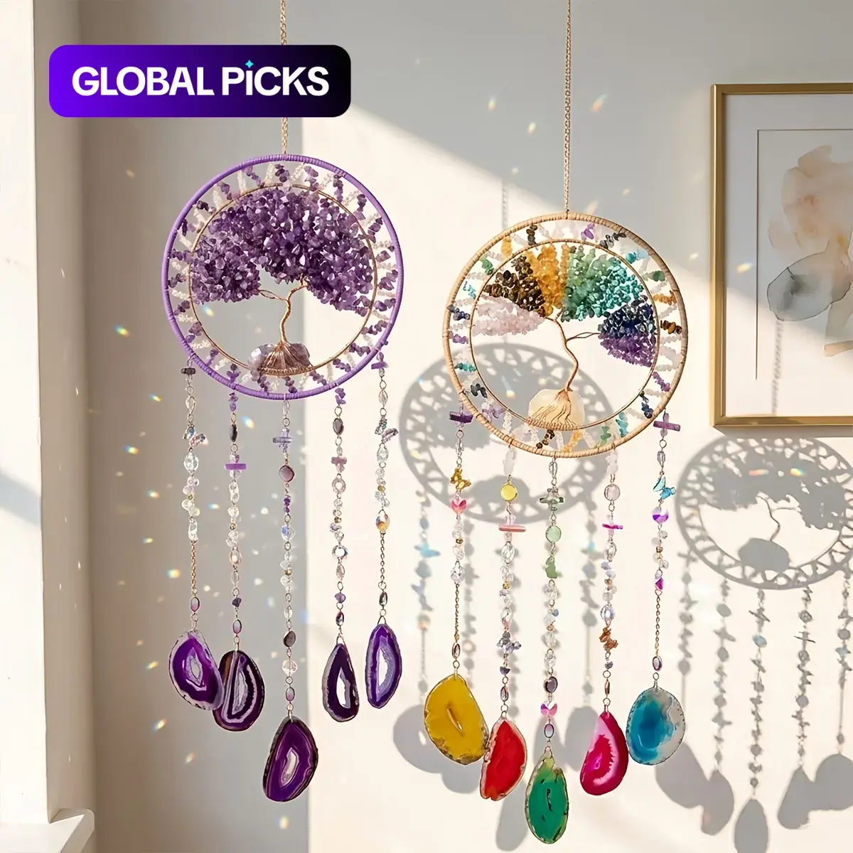 Handmade Bohemian Tree of Life Dream Catcher and Sun Catcher, Crystal and Gemstone Home Hanging Decoration, Hanging Wall Art, Boho Wall Decor, Decoration for Bedroom Garden Windows, Indoor Decoration, Valentine's Day, Mother's Day Gifts