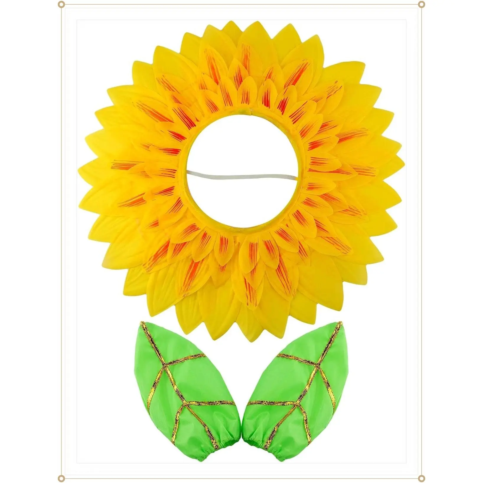 Halloween Sunflower Costume for Adult Women, Halloween Cosplay | 22.8" Fun Flower Costume, Yellow Headgear and 2 Pieces Green Leaf Gloves for Kid, Halloween Dress up Party Decor, GiftGift