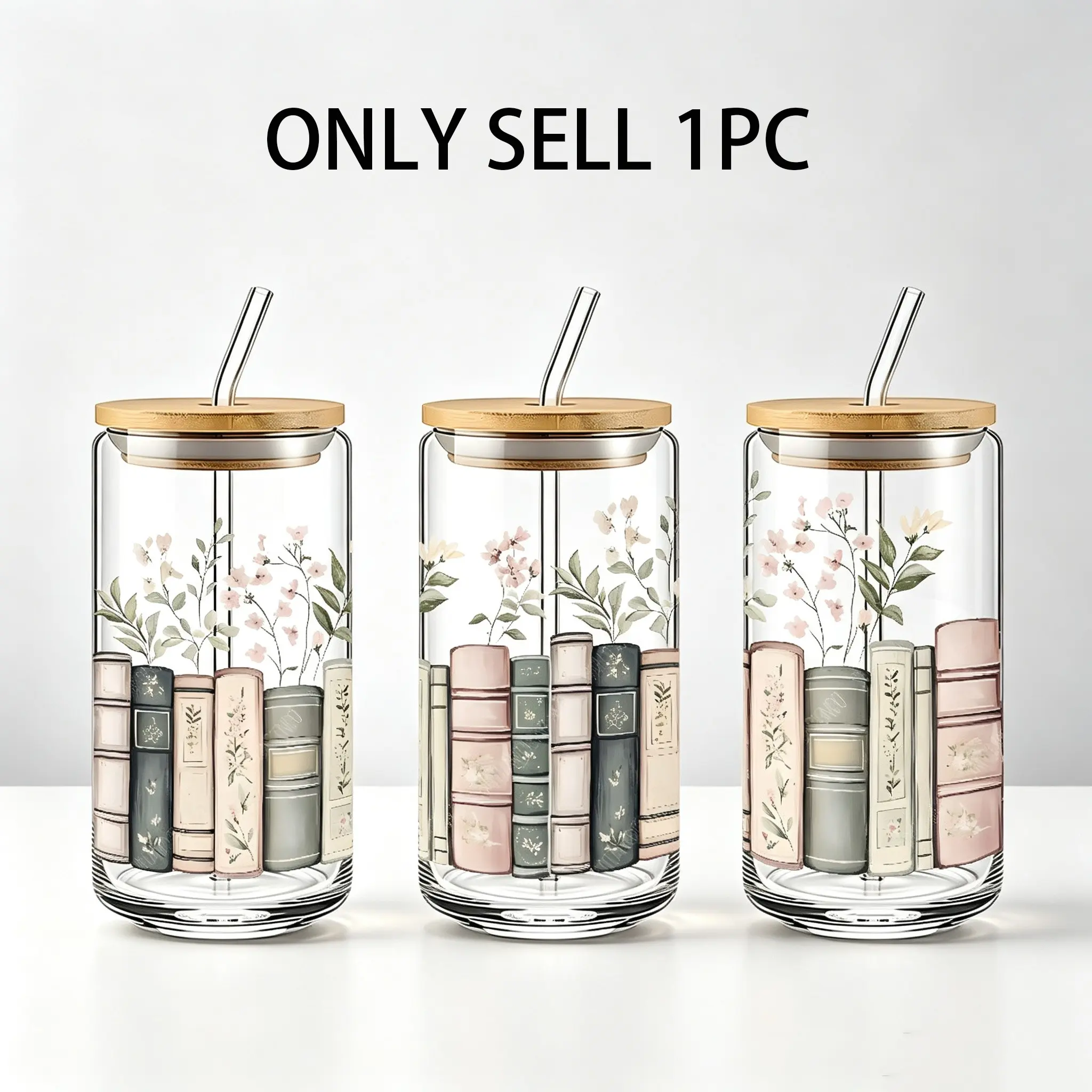 Floral Books 16oz Glass Can Cup with Lid and Straw, Aesthetic Bookish Reading Iced Coffee Tumbler, Glassware, Perfect Gift for Book Lovers Women Readers