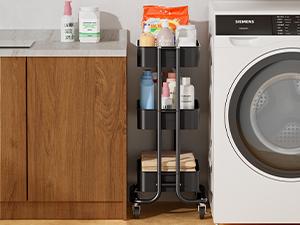 3 Tier Metal Rolling Utility Cart, Heavy-Duty Storage Rolling Cart with 2 Lockable Wheels, Multifunctional Mesh Organization Utility Cart for Kitchen Dining Room Living Room (Black)