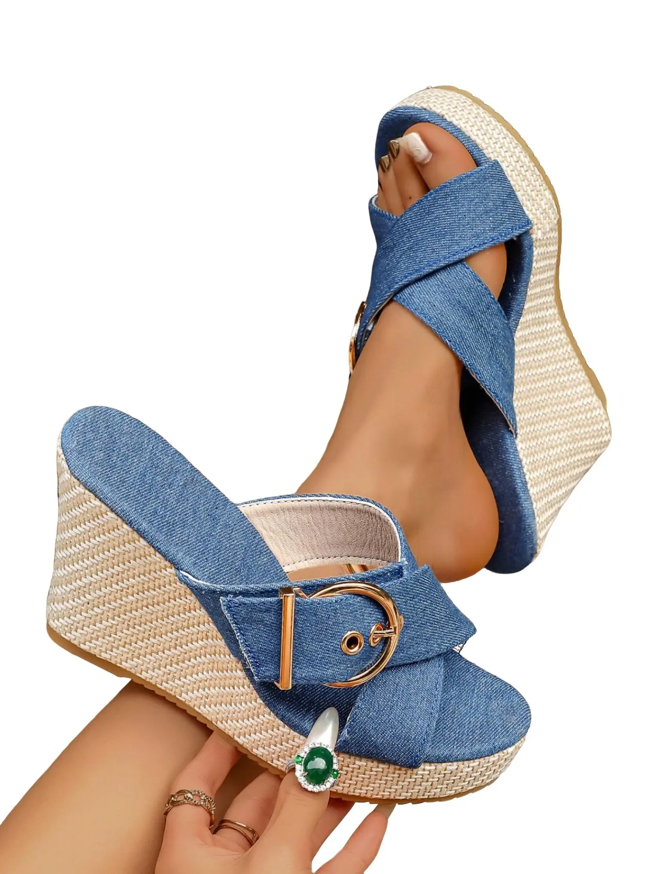 Large Size Leopard Print Cross Strap Wedge Sandals, Adjustable Buckle High Heel Slippers, Multi-Color Fabric Thick Sole Outdoor One-Piece Flip Flops