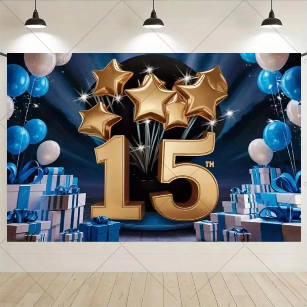 15th Birthday Polyester Backdrop Banner - Lightweight Classic Home Decor Tapestry, Blue-Pink Balloon Accent Photo Booth Wall Piece for Sweet 15 Celebrations, Engagement, Mother's Day Indoor-Outdoor Home Supplies Gift, Thanksgiving