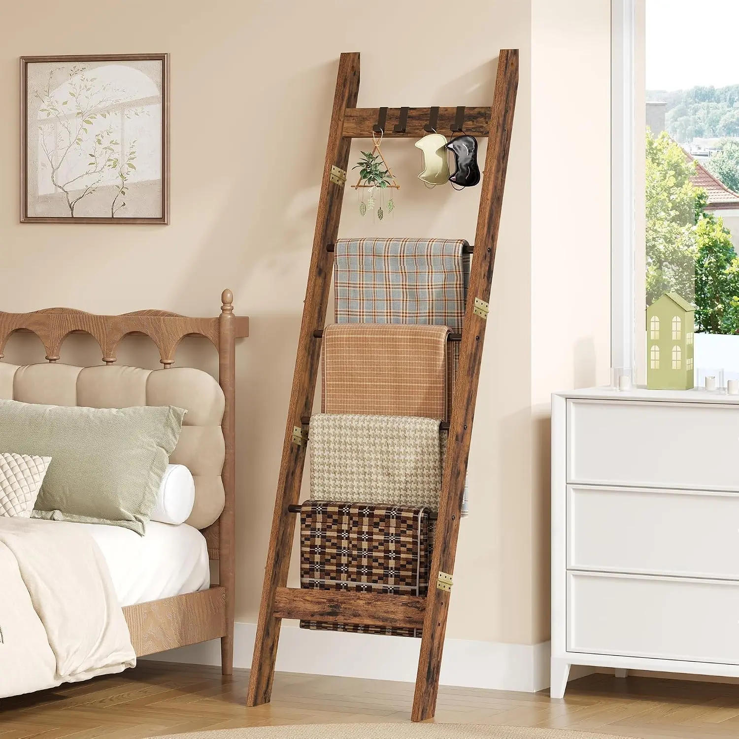 Rustic Brown Wood Blanket Ladder - 5-Tier Indoor Furniture Quilt Rack with 4 Removable Smooth Metal Hooks, Wall-Mountable Organizer Shelf for Living Room, Bedroom, Ideal Gift 02101BBR, Steel