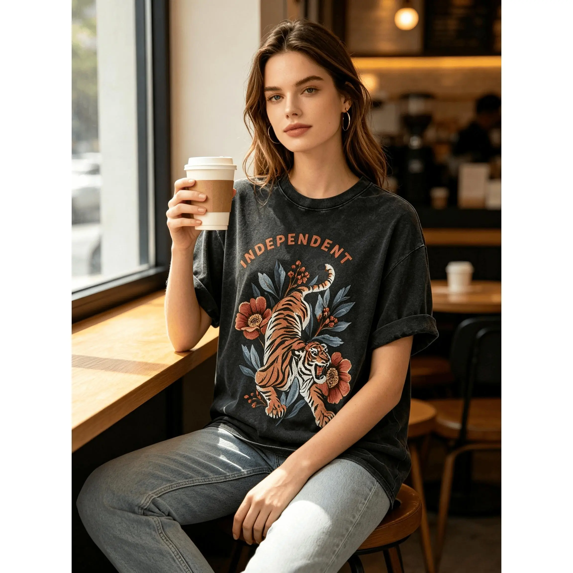 Women's Cotton T-Shirt Top, Vintage Tiger Print with Shortsleeve Relaxed Cut, Round Neck Streetwear Tee with Distressed Look, Extended Sizes