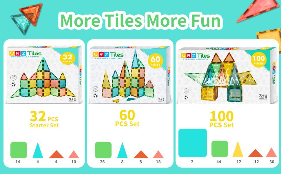 YRZtiles 100 Pcs Magnetic Tiles,Magnet Building Blocks Construction Stacking Educational Preschool STEM Toy Creative Playboard for Kids Baby Child Ages 3+