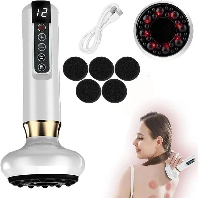 Electric Cupping Massager, Smart Gua Sha Machine, Acupressure Tool, 12 Adjustable Suction Levels, LED Red Light Heating Vacuum Massage Tool, Body Sculpting, Unisex, Gift Idea