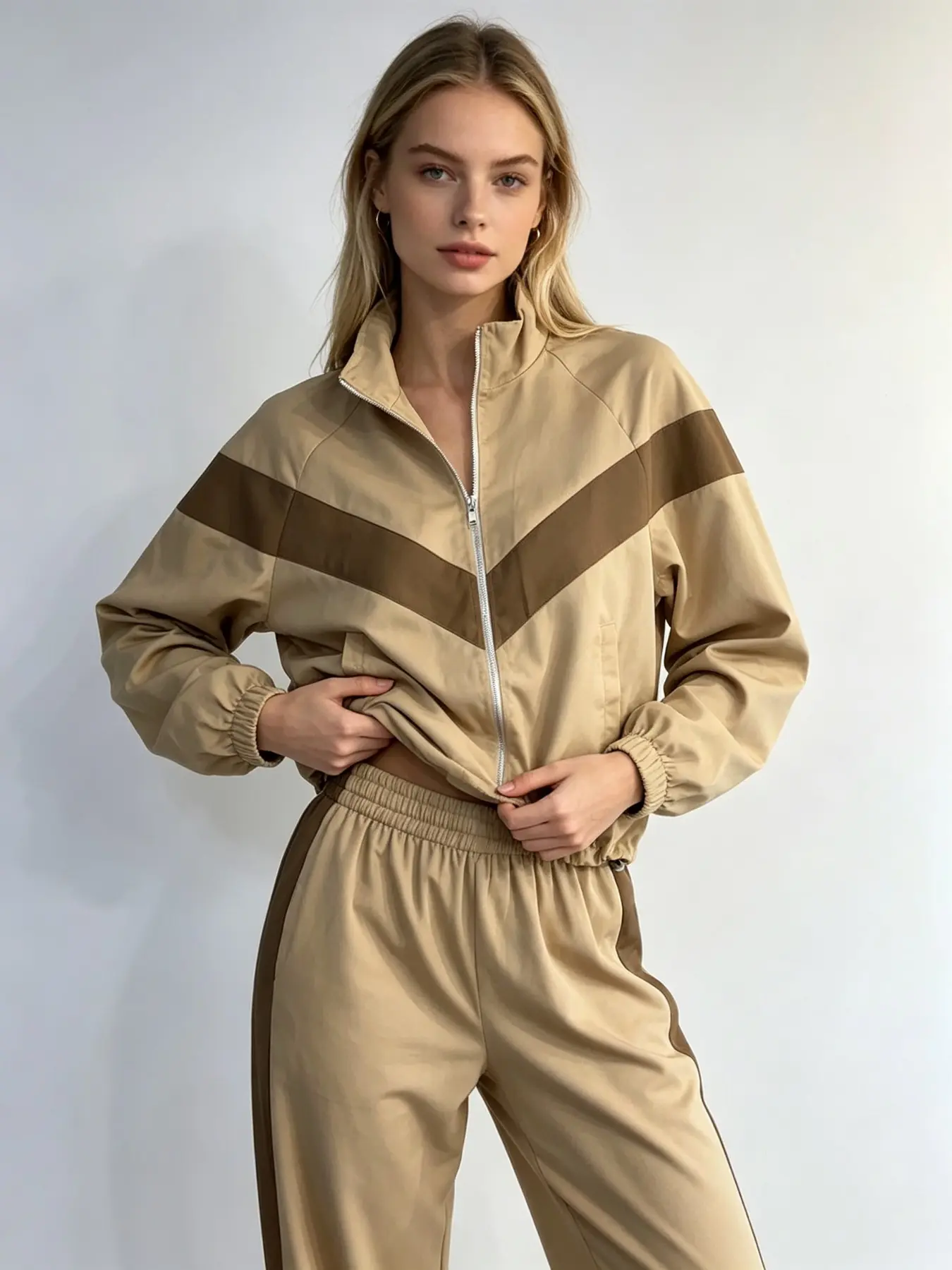 Women's Fashion Sportswear Set, Long Sleeve Colorblock Jacket and Pants, Fall Winter Street Style, Casual Outdoor Wear, Colorblock Tracksuit Set